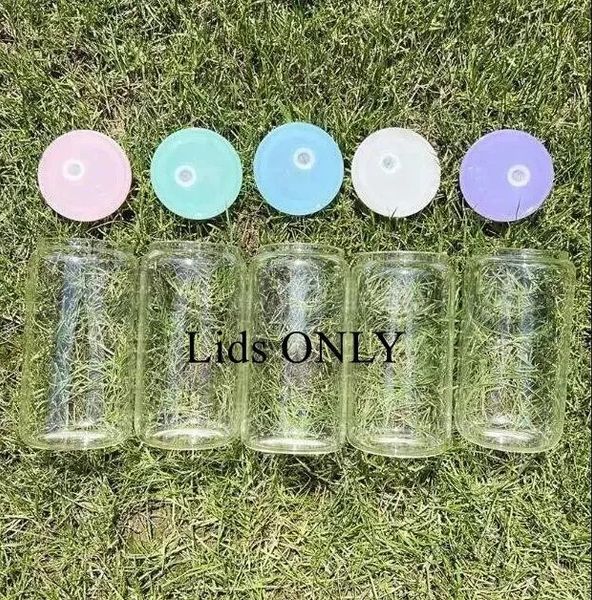 

replaced colored plastic lids for 16oz glass tumbler blank clear frosted glass mason jar libby can cooler cola beer food cans 5 colors fy556