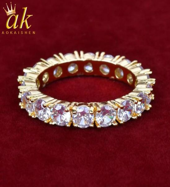 

4mm 1 row solitaire tennis men039s ring with side stones copper charm gold color cubic zircon iced out fashion hip hop jewelry1186399, Silver