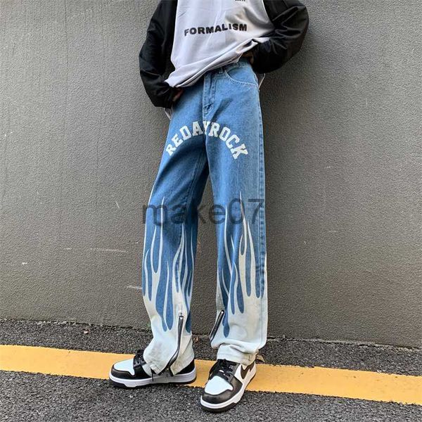 

women's jeans new summer new vintage women jeans y2k flame printed casual pants female loose wide leg straight zipper split trousers j2, Blue