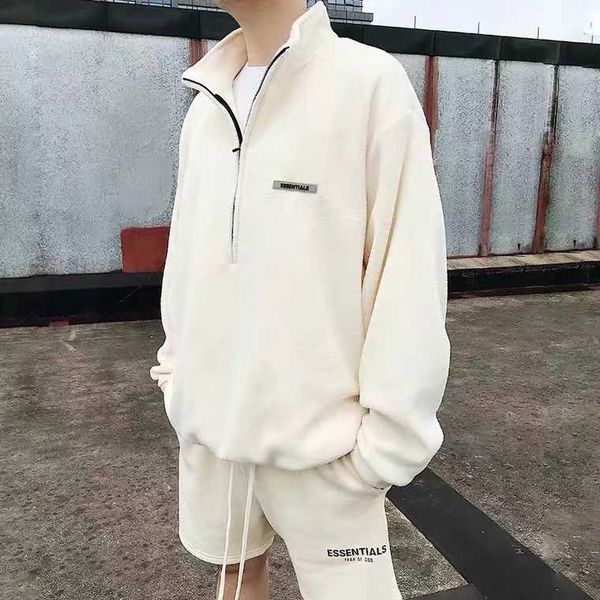 

ess hoodie feel of god multi thread essentials fleece semi zipper stand collar sweater men's fog high street loose, Black