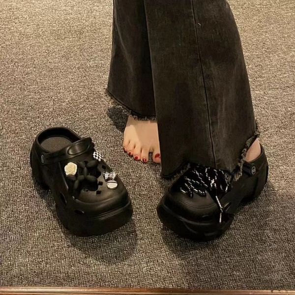 

latest luxury brand sandals thick soled plain round toe orange platform sandals eva large size beach lady's half slippers, Black