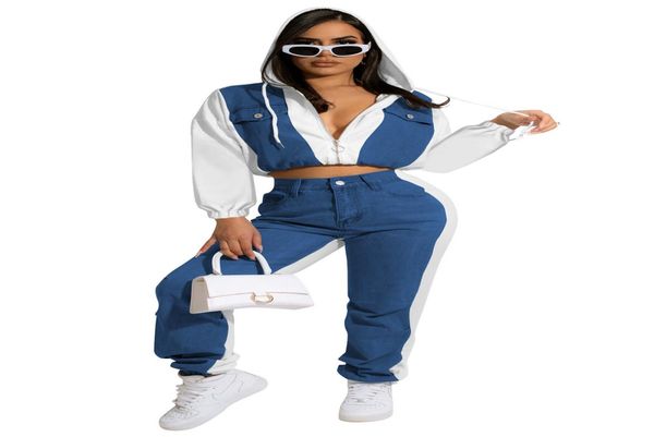 

women039s two piece pants sets casual denim patchwork hooded suit 2210282962125, White