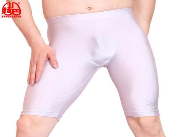 

men oil shiny lycra middle pants seamless solid u convex stylish pouch halflength boxers gay wear long leg club underpants m6031892, White;black