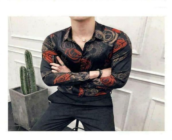 

men039s dress shirts printed floral satin buttons front nightclub party c1629353824, White;black