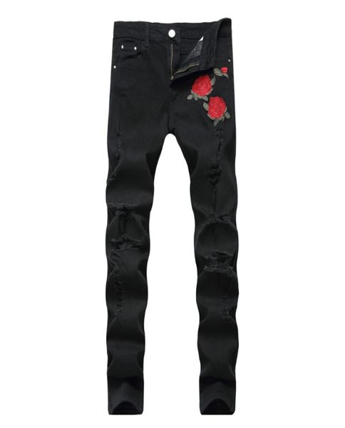 

rose embroidery jeans fashion blue black ripped male tide slim pants8122551