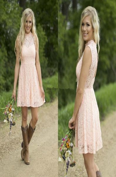 

short country bridesmaid dresses with beaded 2018 modest blush lace high neck beach garden kneelength wedding party guest dresses2272633, White;pink