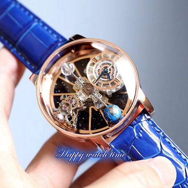 

2022 static version watches astronomical tourbillon skeleton dial swiss quartz rose gold case blue strap mens watch, Slivery;brown