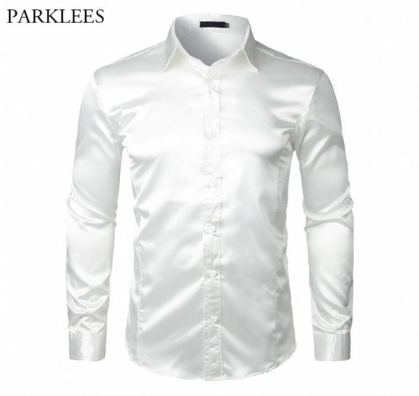 

stylish white silk satin shirt men chemise homme casual long sleeve slim fit mens dress shirts business wedding male shirt 2009258874853, White;black