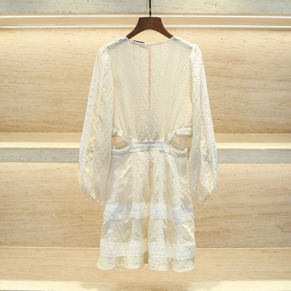 

new san dro suya 2023 summer stripe hollow hook flower open waist v-neck lace panel hollow open waist show thin bubble sleeve dress for wome, Black;gray