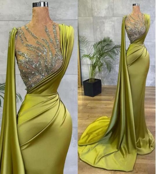 

arabic lemon green 2022 mermaid prom dresses sheer mesh sequin beads ruched evening occasion wear gowns sheer neck sweep train1747433, Black