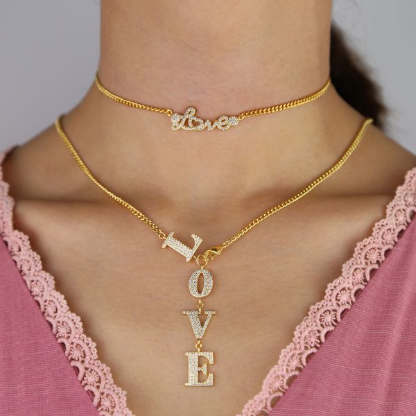 

new designer love letter pendant charm choker necklace hip hop women lady paved 5a cubic zirconia wedding anniversary gift bff jewelry, Silver