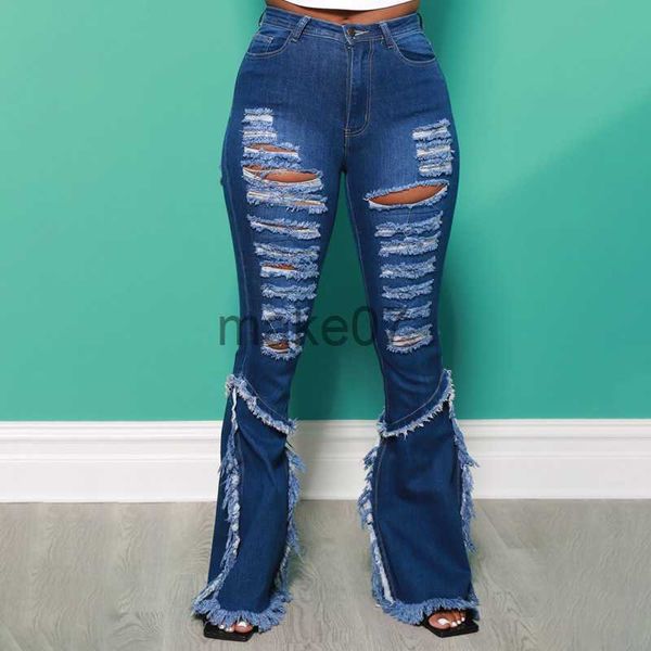 

women's jeans plus size women jean ripped patchwork high waist denim trouser 2022 autumn female outfit winter casual fashion flare pant, Blue