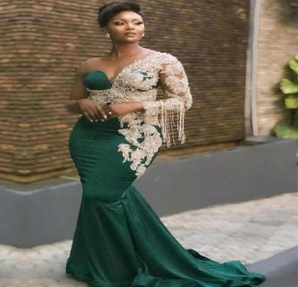 

new arabic mermaid dark green evening dresses wear for women jewel neck crystal beading long sleeves floor length prom dress party6833936, Black;red