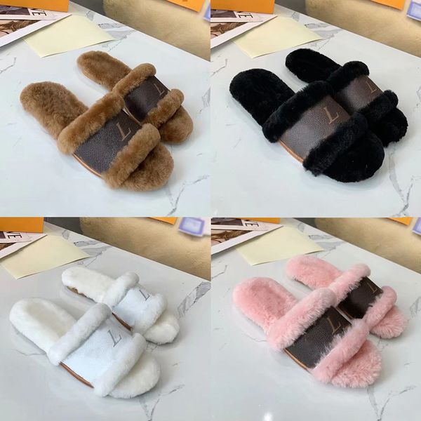 

designer lock it flat mules sandals fur slippers women furry slides wool paseo comfort sandal luxury winter warm slipper quality, Black