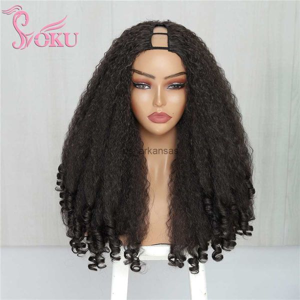 

synthetic wigs soku v part synthetic half wig for afro women bouncy spring curly with curly ends no leave out no glue natural color clip hai, Black