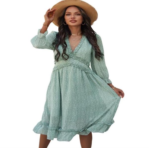 

women chiffon long dress floral print lantern sleeve aline maxi vestidos autumn new elegant vintage v neck winter dresses 0304056495065, Black;gray