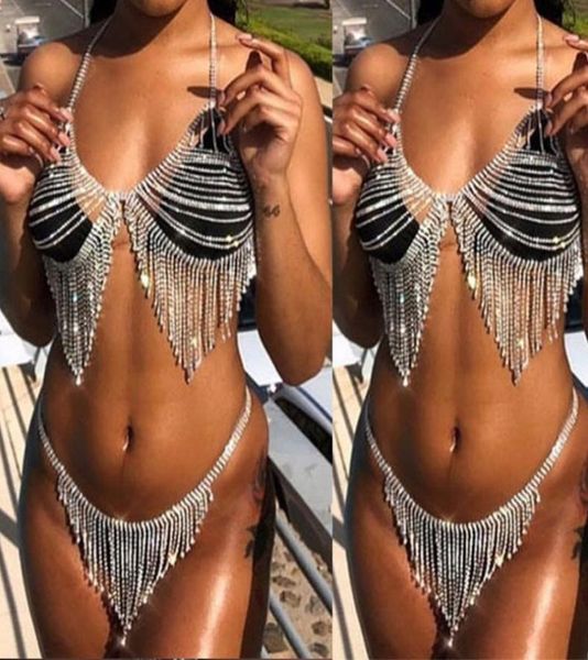 

women's swimwear e5bd women glitter rhine body chain bikini set shiny faux crystal tassels bra and panties underwear jewelry linge69222, White;black