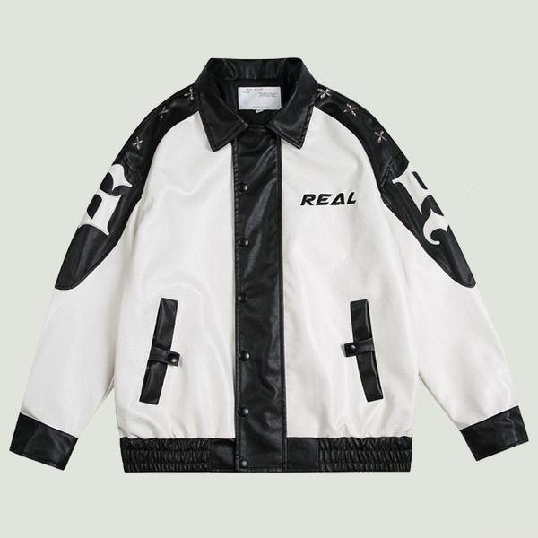 

mens jackets streetwear pu leather baseball harajuku letter embroidery patchwork coats casual loose motorcycle jacket 230818, Black;brown