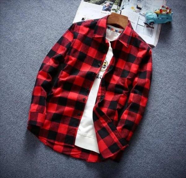 

plaid shirt men long sleeve slim fashion casual cotton red black white men039s shirts7818483, White;black