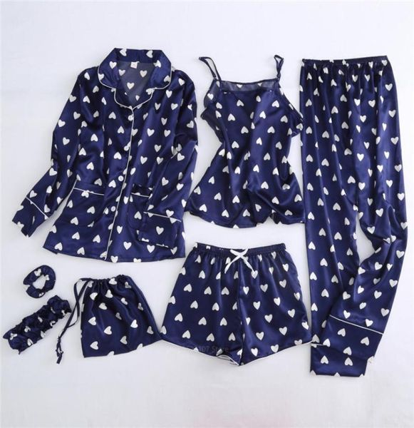 

2020 new 7pcs women sleepwear pajamas set nightclothes silk satin long sleeve thin heart print sling home pyjamas clothing set5473367, Black;red