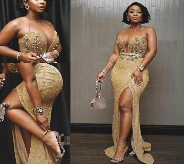 

gold mermaid african evening gowns beaded crystals prom dresses high split formal party second reception dresses6285921, Black;red