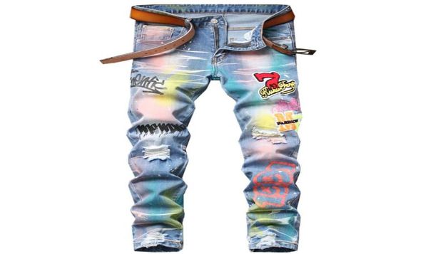 

splattered ink colorful printing ripped patch men039s jeans small straight slim microelastic trendy pants for male pantalons p7696327, Blue
