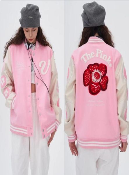 

stand collar coats embroidered leather sleeve patchwork baseball jacket4035624, Black;brown