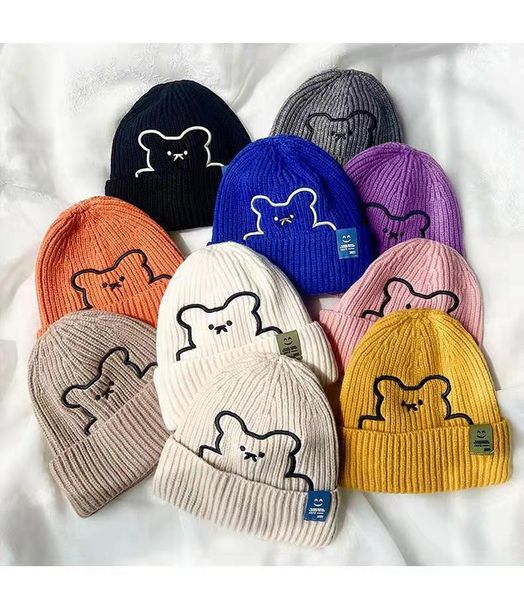 

m613 new autumn winter infant baby kids knitted hat cartoon bear pattern children skull beanies caps boys girls warm woolen hats, Yellow