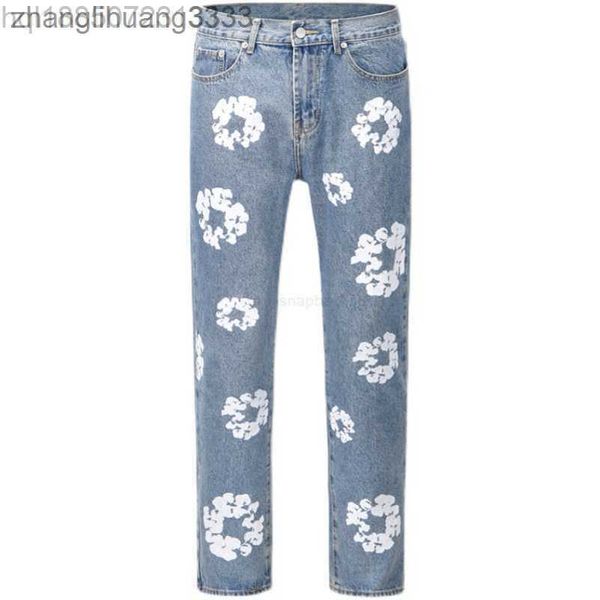 

men's jeans for men high street denim tears style kapok washed straight jeans men's fashion vintage loose pants, Blue