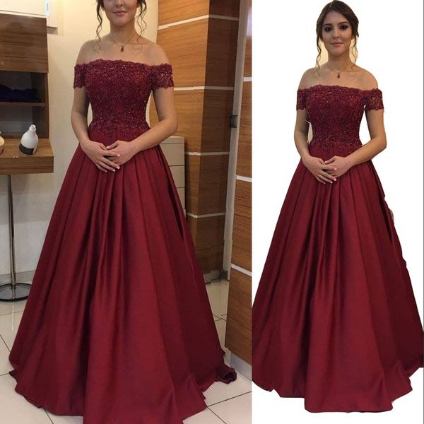 

2023 evening dresses wear wine red burgundy satin off shoulder short sleeves lace appliques crystal beads prom party gowns special occasion, Black;red