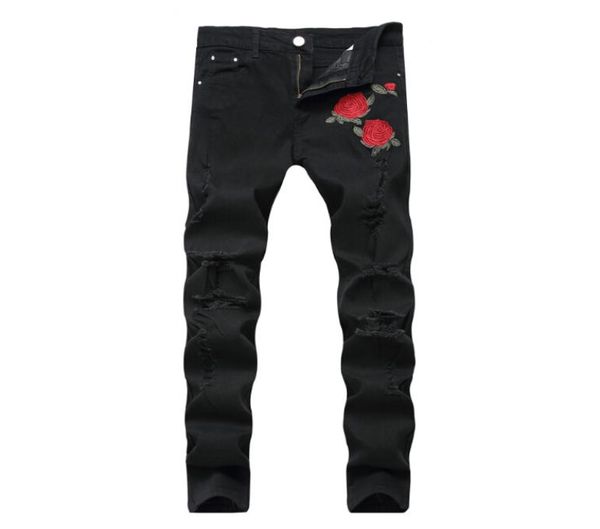 

rose embroidery jeans fashion blue black ripped male tide slim pants5161296