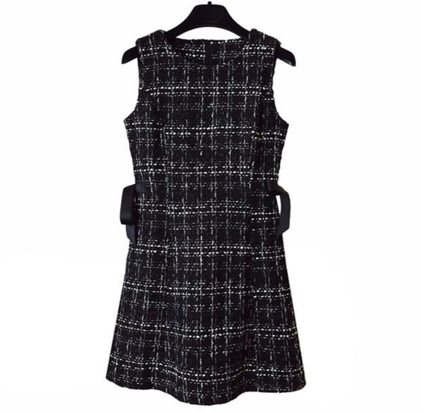 

perhaps u tweed dress elegant side bow aline dresses black plaid sleeveless summer o neck mini dress d08459343081, Black;gray
