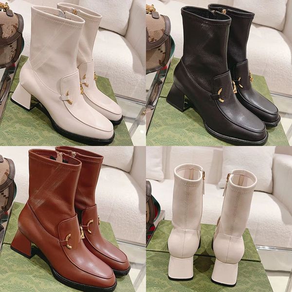 

2023 designer luxury pure color square toe boots womens 100% leather outdoor party metal buckles ankle boot ladys fashion comfort chunky hig, Black