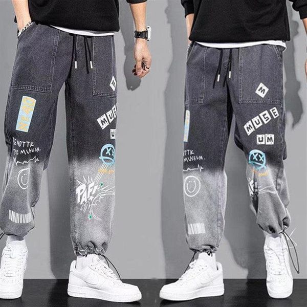 

men's pants autumn graffiti ankle banded jeans korean style loose casual harem men japanese fashion streetwear trousers224b, Black