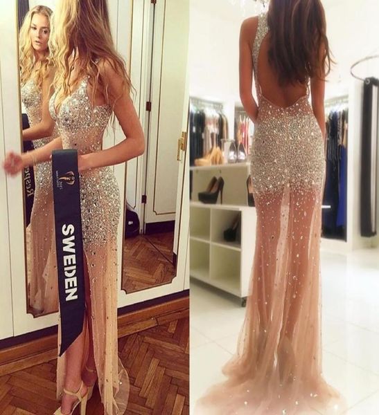 

split illusion backless evening dresses v neck sleeveless crystal beaded tulle champagne nude sparkle pageant dresses evening3287848, Black;red