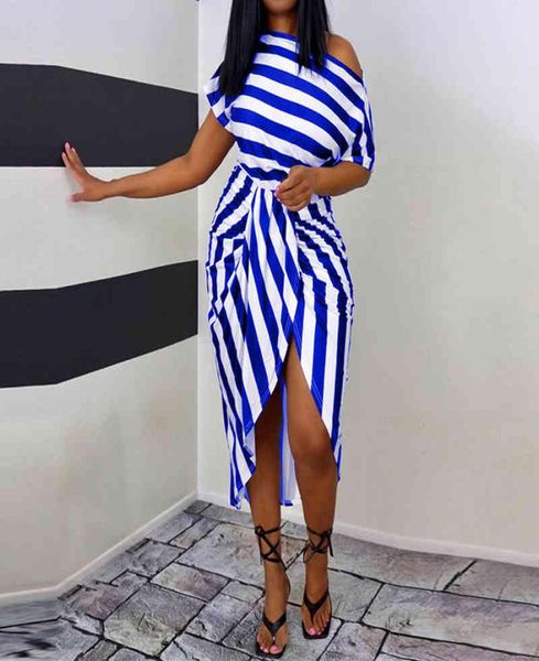 

women dress striped print diagonal collar short sleeve wrap midi dress party dress 2105211675739, Black;gray