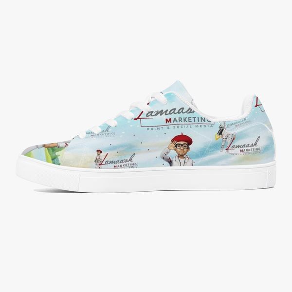 

diy shoes men's casual shoes women's outdoor shoes custom shoes white shoe edges and blue character background