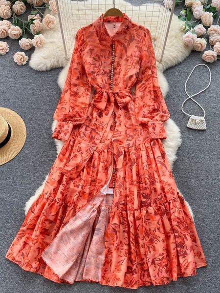 

basic casual dresses autumn fashion boho maxi dress women's vintage long lantern sleeve lapel buttons lace up belt flower print elegant, Black;gray