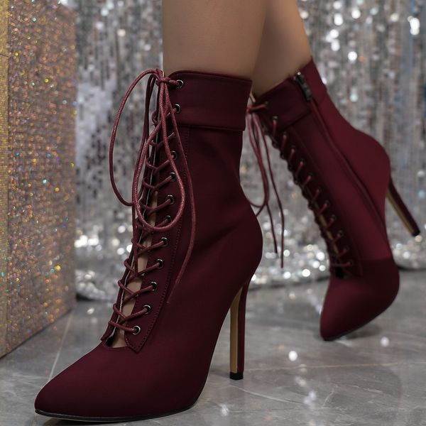 

dress shoes 2023 autumn winter women's boots fashion pointed lace up zipper nightclub show high heel short 230816, Black