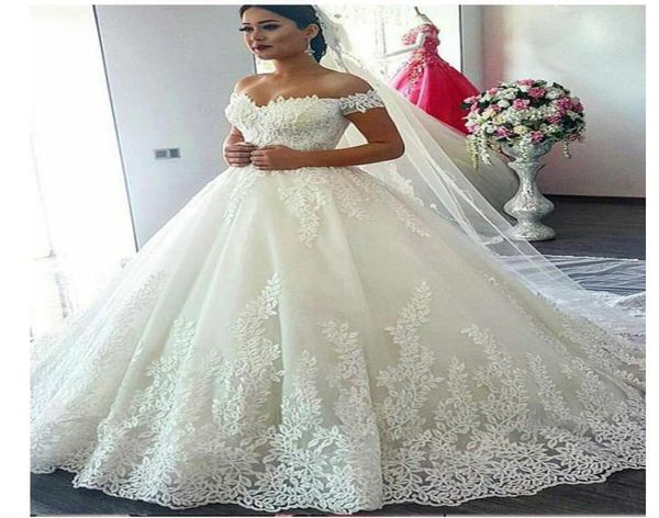 

off the shoulder ball gown wedding dress floral applique with sequins zipper back sweep train plus size wedding dresses brida1555811, White