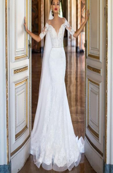 

illusion half sleeve mermaid wedding dress new arrival lace appliques vestidos de novia bridal dresses factory made t3344002, White