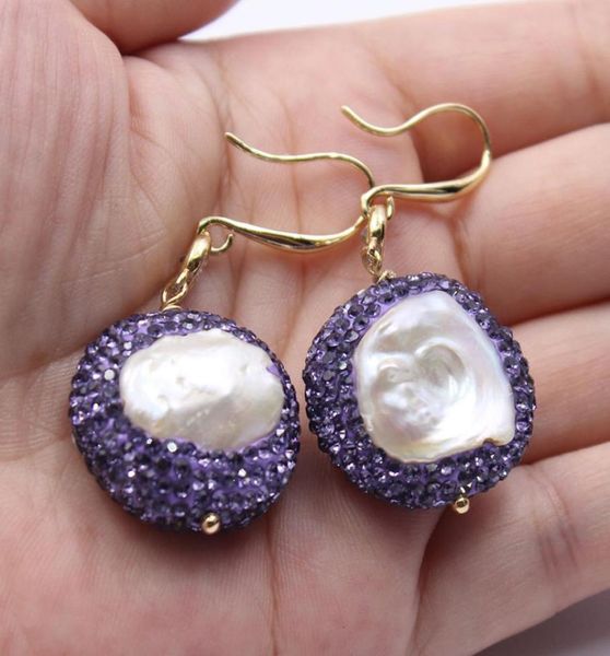 

guaiguai jewelry natural purple keshi freshwater pearl cz paved gold plated hook dangle earrings handmade for women fashion jewelr2303004, Silver