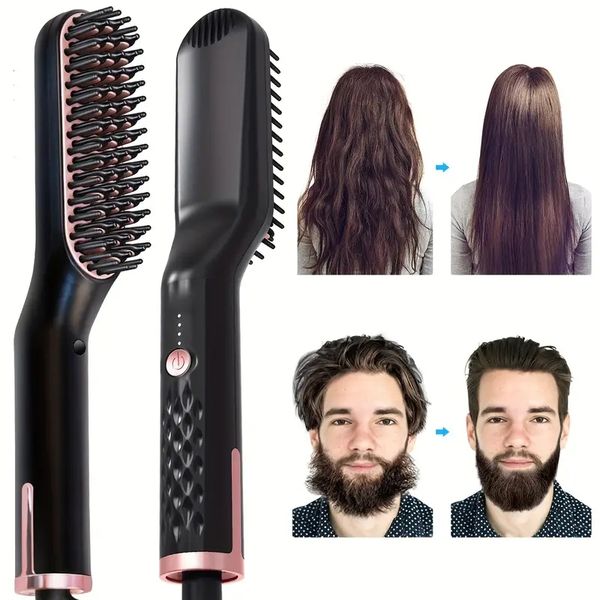 

portable ionic beard straightener for men - fast heated hair straightening brush for men's hair styling, Black