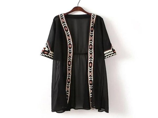 

fashion womens black white color geometric embroidery ethnic shirt cardigan summer sunscreen kimono blouses women039s blouses5797766