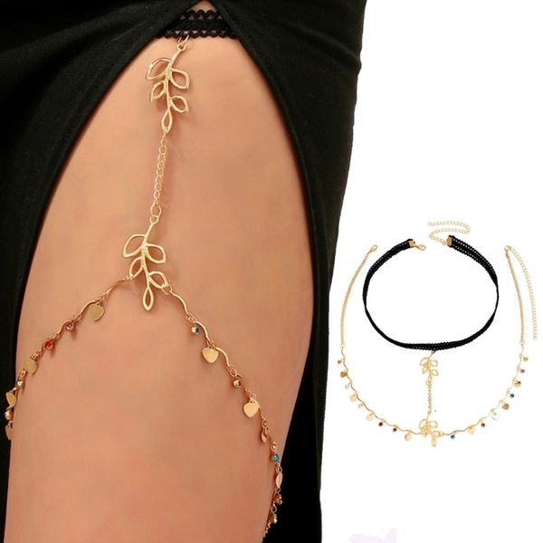 

suspenders golden leaf shape thigh chain anti slip belt harness summer seaside nightclub leg jewelry for woman 230818, Black;white