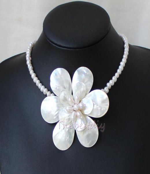 

handmade natural fw pearl shell flower necklace statement necklace8246905, Silver