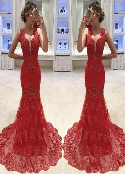 

new arrival mermaid red prom dresses deep v neck full lace appliques beaded formal long evening party gowns1885515, Black