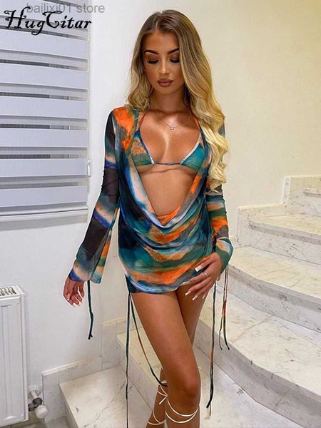 

two piece dress hugcitar colorful long sleeve backless lace up bikini skirts 3 pcs set 2023 spring women fashion beach vacation outfits t230, White