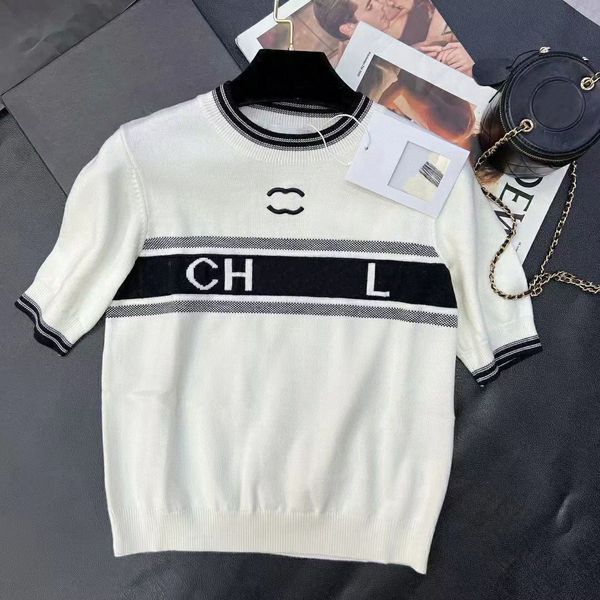 

2023 designer women's knits tees knitted short-sleeved sweater t-shirt knitwear embroidery round neck coach channel fashion blouse comf, White