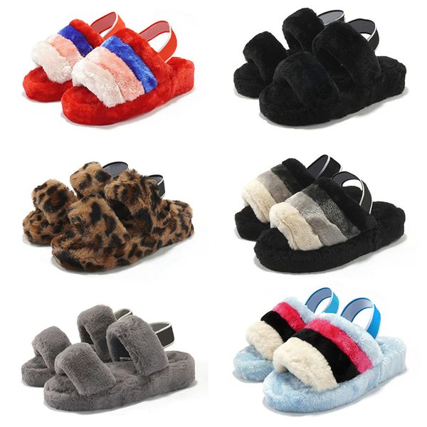 

designer wool winter fur slippers women fluff slipper women fluffy furry warm australia sandals comfortable wggs plush girls slippers large, Black